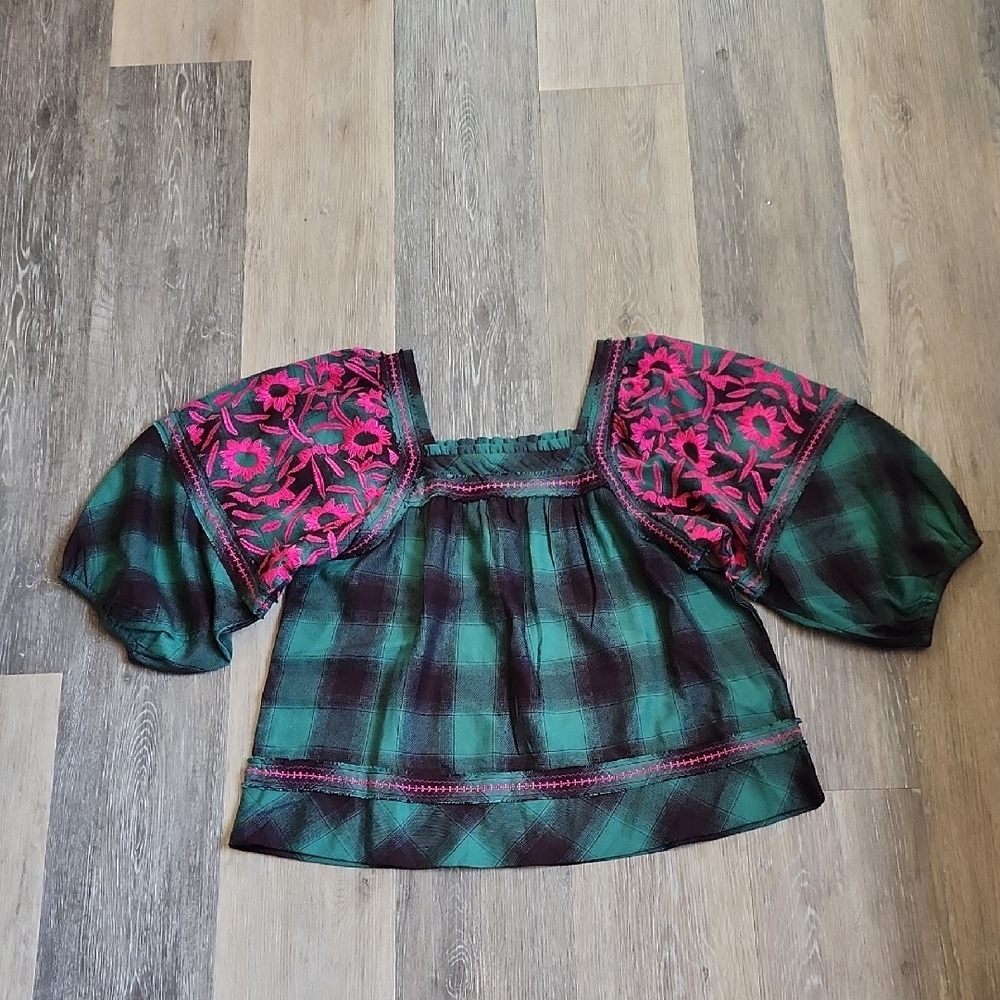 SISTER MARY Embroidered Green and Blue Boxy Blouse